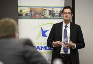 Kutztown's Jeff Krystopa, sophomore, gives his presentation during the Greater Reading Chamber's Shark Tank business plan competition. Photo by Natalie Kolb 4/8/2016 - Source: Getty